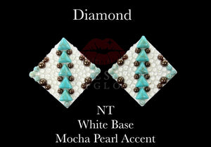 Diamond Natural Turquoise Triangles and Cabochons, Mocha Pearls, Unfoiled Clear on White Base