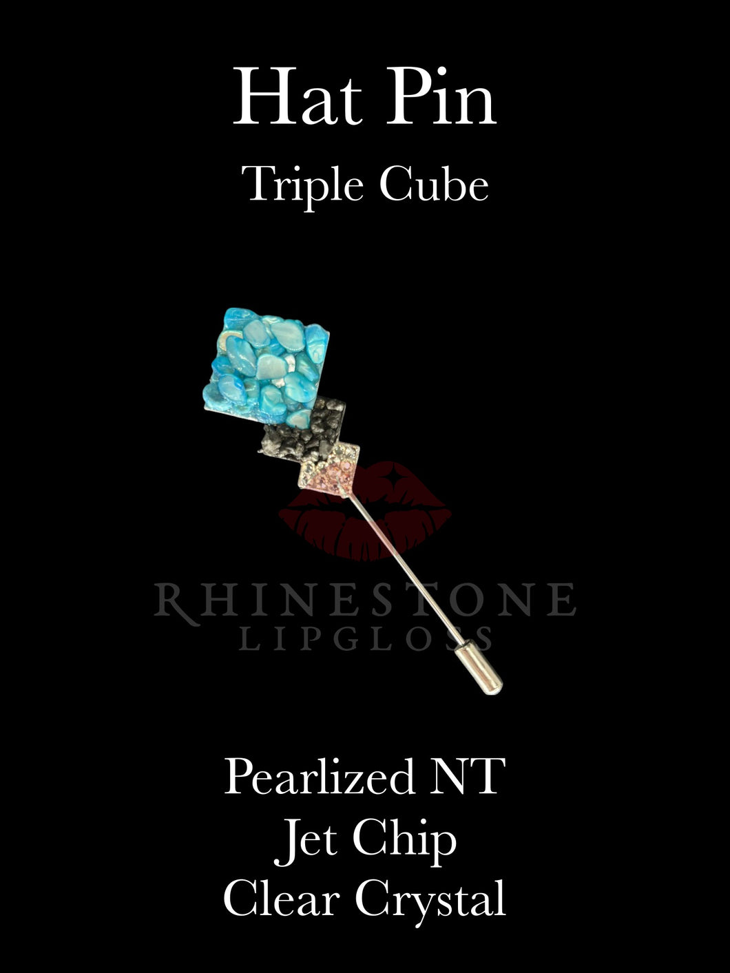 Hat Pin - Triple Cube Pearlized Natural Turquoise, Jet Chip, Clear