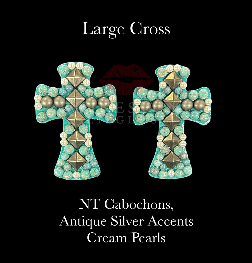 Cross Natural Turquoise Cabochons, Antique Silver Accents, Cream Pearls