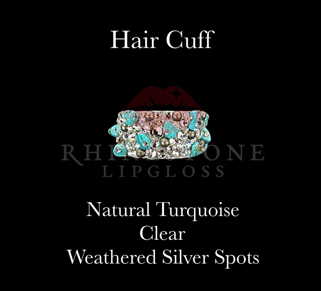 Hair Cuff for Ponytail -  Pearlized Natural Turquoise Textured, Weathered Silver Spots