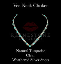 Vee Neck Choker Necklace - Natural Turquoise, Clear, Weathered Silver Spots