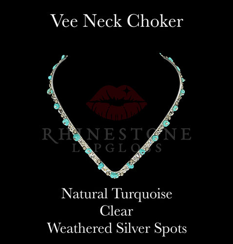 Vee Neck Choker Necklace - Natural Turquoise, Clear, Weathered Silver Spots