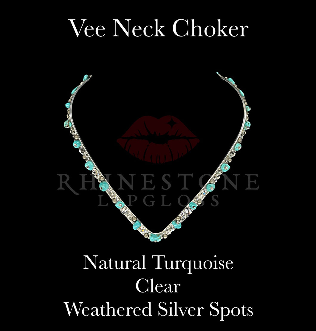 Vee Neck Choker Necklace - Natural Turquoise, Clear, Weathered Silver Spots