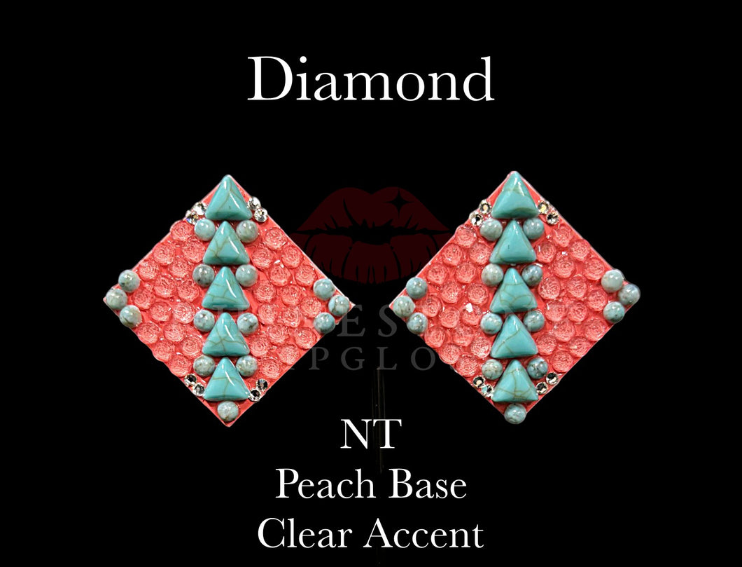 Diamond Natural Turquoise Triangles and Cabochons, Peach Base, Clear Accents